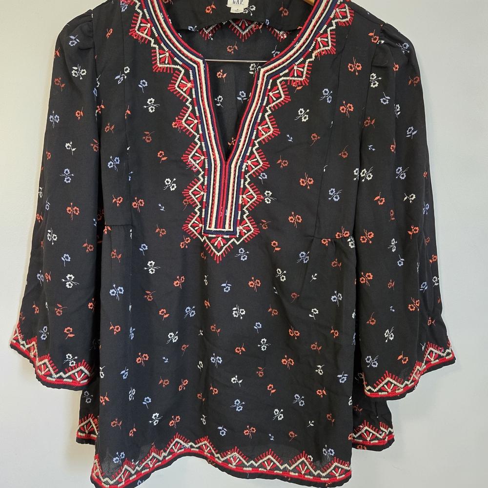 GAP Women's Black Blouse with Red and Blue Embroidery